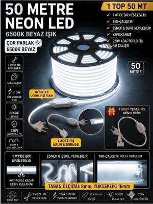 Econa 50 Metre Neon LED Şerit Led,beyaz Işık Esnek LED Çok Parlak,led, Kesilebilir,dekoratif Dış Aydınlatma Bahçe Aydınlatma,tavan Aydınlatma,gözalıcıaydınlatma