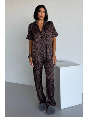 Coccolarsi Fascino Del Leopardo Saten Kısa Kol Pantolon Pijama Takımı CDM1510