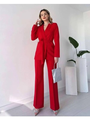 Zf Butik Kadın Kuşaklı Blazer Ceket Bol Paça Pantolon Takım