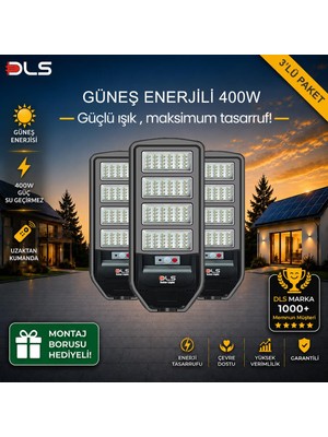 3'lü Paket Dls 400W Güneş Enerjili Solar Sokak Lambası Hareket Sensörlü LED Bahçe Aydınlatması