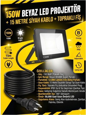Schuar 15MT Kablolu 150 Watt Seyyar LED Projektör Aydınlatma. Seyyar Aydınlatma Su Geçirmez Dış Mekan IP66,BEYAZ Çok Güçlü Işık