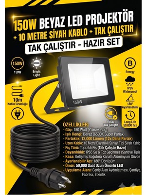 Schuar 10 Metre Kablolu 150 Watt Seyyar LED Projektör Aydınlatma. Seyyar Aydınlatma Su Geçirmez Dış Mekan IP66,BEYAZ Çok Güçlü Işık