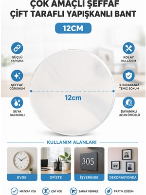 Doori 12 cm Çok Amaçlı Şeffaf Çift Taraflı Yapışkanlı Bant | Güçlü Tutuşlu Yuvarlak Yapışkan Ped | Ev Iş