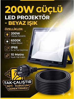 Schuar 10 mt Kablolu 200 Watt Seyyar LED Projektör Aydınlatma. Seyyar Aydınlarma Su Geçirmez Dış Mekan IP66,BEYAZ Çok Güçlü Işık