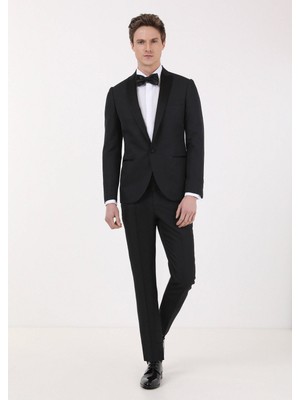 Siyah Mikro Fashion Slim Fit Kruvaze Yaka Dokuma Smokin Takım Elbise