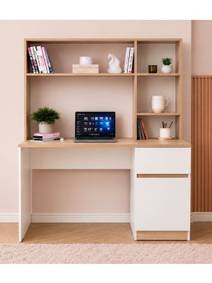 Noiss Home Decor Asel Raflı Çekmeceli Çalışma Masası Bilgisayar Masası Kitaplıklı Ders Masası