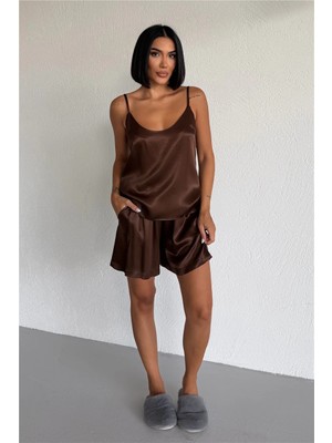 Coccolarsi Kahverengi Floş Saten Askılı Şortlu Pijama Takımı