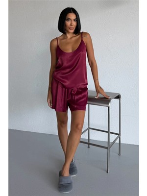 Coccolarsi Bordo Floş Saten Askılı Şortlu Pijama Takımı
