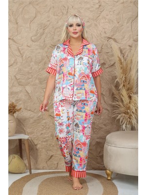 Coccolarsi Viaggio Creativo Saten Kısa Kol Pantolon Pijama Takımı VCB9312 (Büyük Beden)