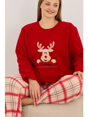 Siyah İnci Kırmızı Geyik Nakışlı Büyük Beden Polar Kışlık Örme Pijama Takım
