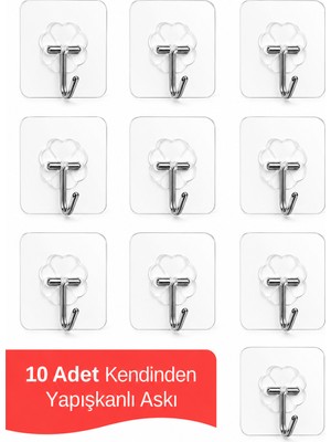 Lataris 10 Adet Kendinden Yapışkanlı Şeffaf Askı Banyo Mutfak Dolap Askısı 6x6 cm