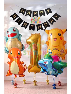 Parti Station Pokemon Konsept 1 Yaş Doğum Günü Balon Set Pokemon Pikaçu Balbazar Çarmender Sikörtıl Balon
