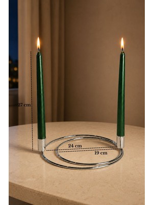 Edora Home Parlak Silver 2'li Dekoratif Metal Halka Şamdan, 2 Adet Koyu Yeşil Mum Ince Uzun - Dekoratif Mumluk