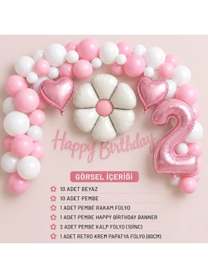 Çavuş E-Ticaret 2 Yaş Parti Retro Papatya Temalı Pembe Kalpli Doğum Günü Seti Papatya Kalp Parti Seti