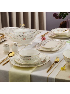 Evaliza Queen’s Garden 60 Parça Beyaz Bone Yemek Takımı Desenli Set