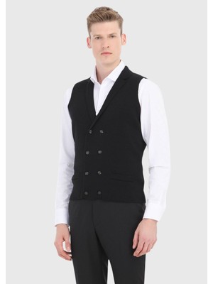 Ramsey Siyah Regular Fit Kelebek Yaka Casual Örme Triko Yelek