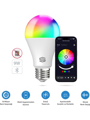 Akıllı RGB LED Ampul Bluetooth 16M Renk, Ayarlanabilir Parlaklık