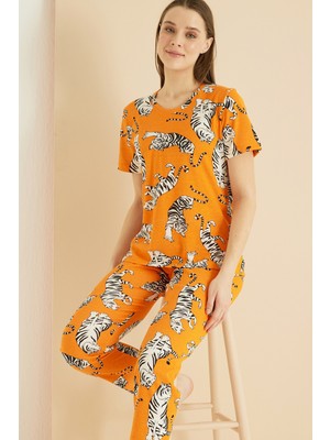 Siyah İnci Turuncu Desenli Bisiklet Yaka Örme Pijama TAKIM25103257