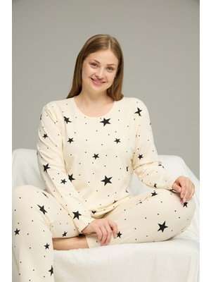 Siyah İnci Ekru Desenli Curve Büyük Beden Battal Boy Pamuklu Pijama TAKIM25240812