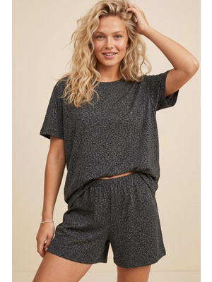 Siyah İnci Antrasit Leopar Desenli Bisiklet Yaka Örme Şortlu Pijama Takım 8056