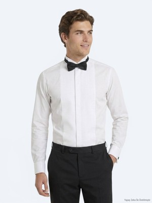 Kip Beyaz Düz Slim Fit Duble Manşet Smokin Gömlek