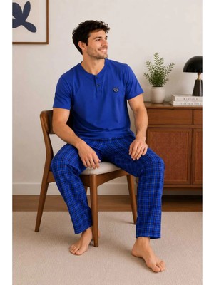 Tenra Erkek %100 Pamuk Kısa Kollu Düğmeli Yaka Pijama Takımı