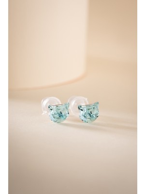 Nereze 925 Ayar Gümüş Rodyum Kaplama Blue Topaz Taşlı Kedi Model Tektaş Küpe