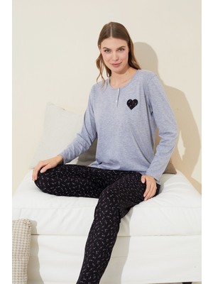 Siyah İnci Gri Melanj Nakışlı Pamuklu Örme Pijama Takım 24240093