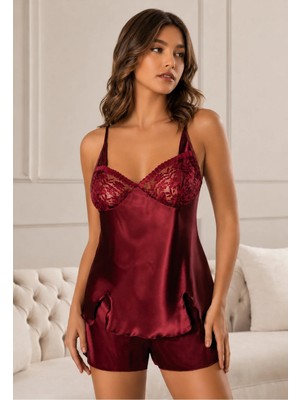 Rozelt Kadın Bordo Dantel Detaylı Ip Askılı Babydoll Pijama Takımı