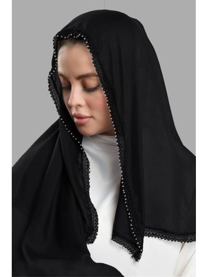 Hürrem Bone Siyah Nikah Namaz Başörtüsü Eşarp Kesik Elyaf Boncuklu Güpürlü 202213_01