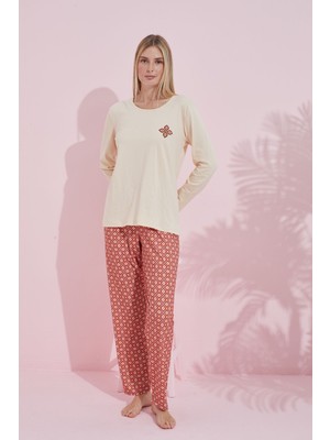 Siyah İnci Krem Çokrenkli Pamuklu Örme Pijama Takım 24240171