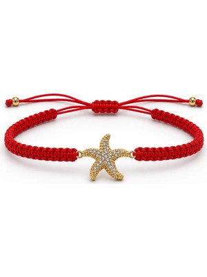 Beatis Kadın Deniz Yıldızı Figürlü Zirkon Taşlı Örgü Şans Bilekliği Kırmızı Kordon Beyaz Taş
