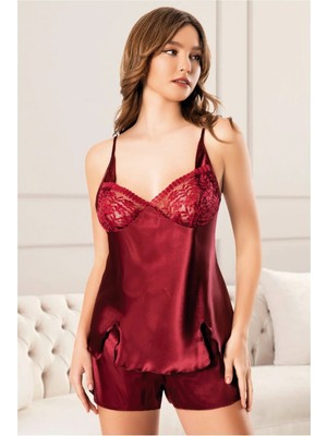 Rozelt Askılı Dantel Detaylı Bordo Şortlu Pijama Takımı