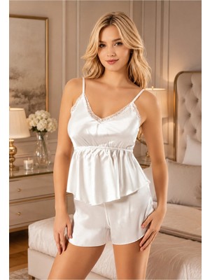 Rozelt Lüks Ekru Saten Dantelli Askılı Şortlu Kadın Pijama Takımı