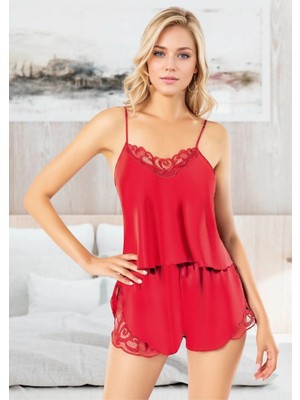 Rozelt Kadın Kırmızı Saten Şortlu Pijama Takımı Dantel Detaylı Şık Ev Giyimi