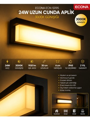 Econa 24W Uzun Cunda LED Duvar Aplik 3000K Günışığı Modern Şık Dış Mekan ve Iç Mekan Aydınlatma,duvar Lambası,kapı Girişi, Çok Şık Bahçe Duvar LED Aplik