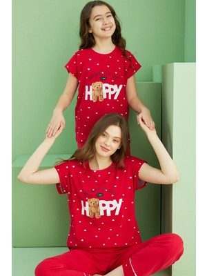 Siyah İnci Kırmızı Desenli Pamuklu Bisiklet Yaka Örme Pijama TAKIM25117062