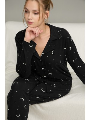 Siyah İnci Siyah Yıldız Desenli Gömlek Yaka Düğmeli Milan Örme Pijama TAKIM25224028