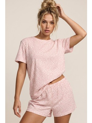 Siyah İnci Beyaz Somon Leopar Desenli Bisiklet Yaka Örme Şortlu Pijama Takım 8056