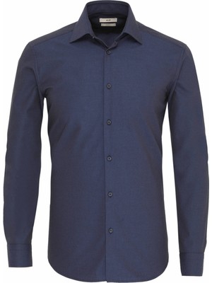 Kip Lacivert Düz Slim Fit Uzun Dokuma Klasik Pamuk Karışımlı Gömlek
