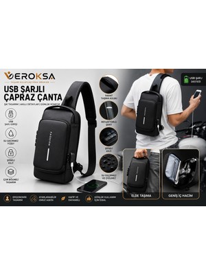 Veroksa USB Şarjlı Çapraz Omuz Çantası | Şifre Kilitli, Su Geçirmez, USB Çıkışlı, Çok Bölmeli | Powerbank Seçenekli