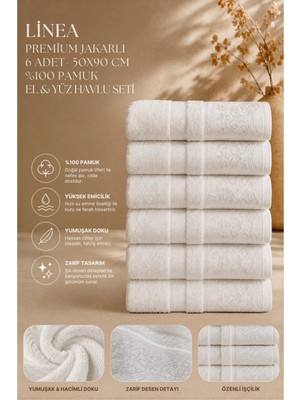 Güvenal Linea | Premium Jakarlı 6 Adet 50X90 cm %100 Pamuk Ultra Yumuşak El & Yüz Havlu Seti | Yumuşak Dokulu | El & Yüz Havlusu - Beyaz