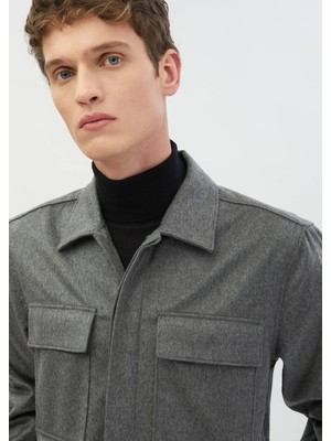 Ramsey Gri Düz Regular Fit Uzun Dokuma %100 Kaşmir Overshirt