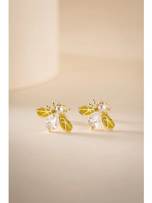 Nereze 925 Ayar Gümüş Gold Kaplama Sarı Mineli ve Zirkon Taşlı Arı Model Küpe