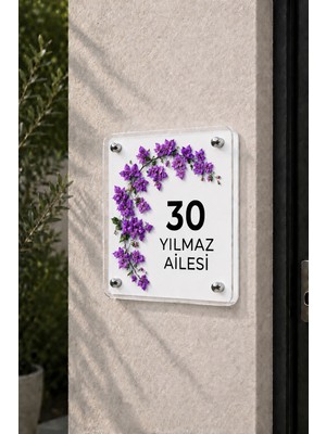 JHAAR Kişiye Özel Pleksi Kapı Isimliği – Modern & Lüks Uv Baskılı Dekoratif Kapı Numarası- Mor Begonvil 20X20 cm - Beyaz