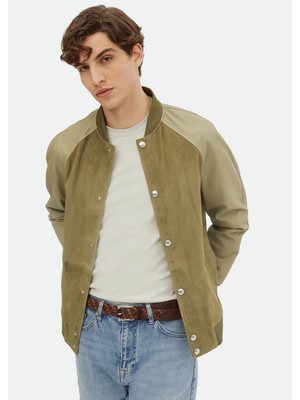 Haki Regular Fit Dik Yaka Casual Süet Deri Mont