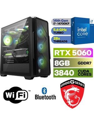 MSI Şafak-Gaming Pc Intel Core I7 14700KF 32GB Ram Rtx 5060 8gb 1tb M.2 SSD 240MM Sıvı Soğutma Win 11 Pro Wi-Fi Masaüstü Oyuncu Bilgisayarı