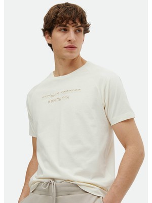 Ramsey Ekru Baskılı Bisiklet Yaka %100 Pamuk T-Shirt