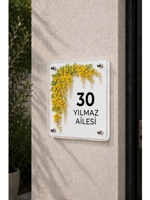JHAAR Kişiye Özel Pleksi Kapı Isimliği – Modern & Lüks Uv Baskılı Dekoratif Kapı Numarası- Sarı Salkım Çiçeği 20X20 cm - Beyaz