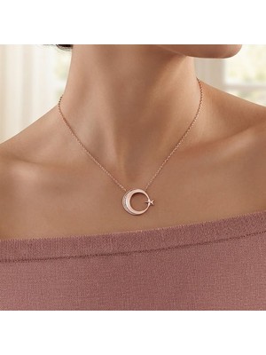 Pigado 925 Ayar Gümüş Rose Kaplama Taşlı Ayyıldız Tasarım Kadın Kolye